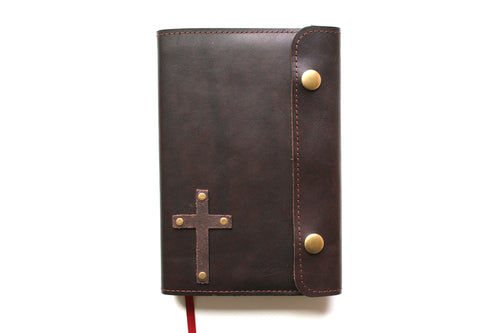 Leather Bible Cover with Applique Cross - English Bridle